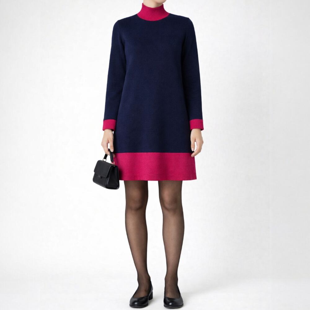 St.‎ John Sportswear Vintage Colorblock Knit Dress L Navy Mock Neck Long Sleeve